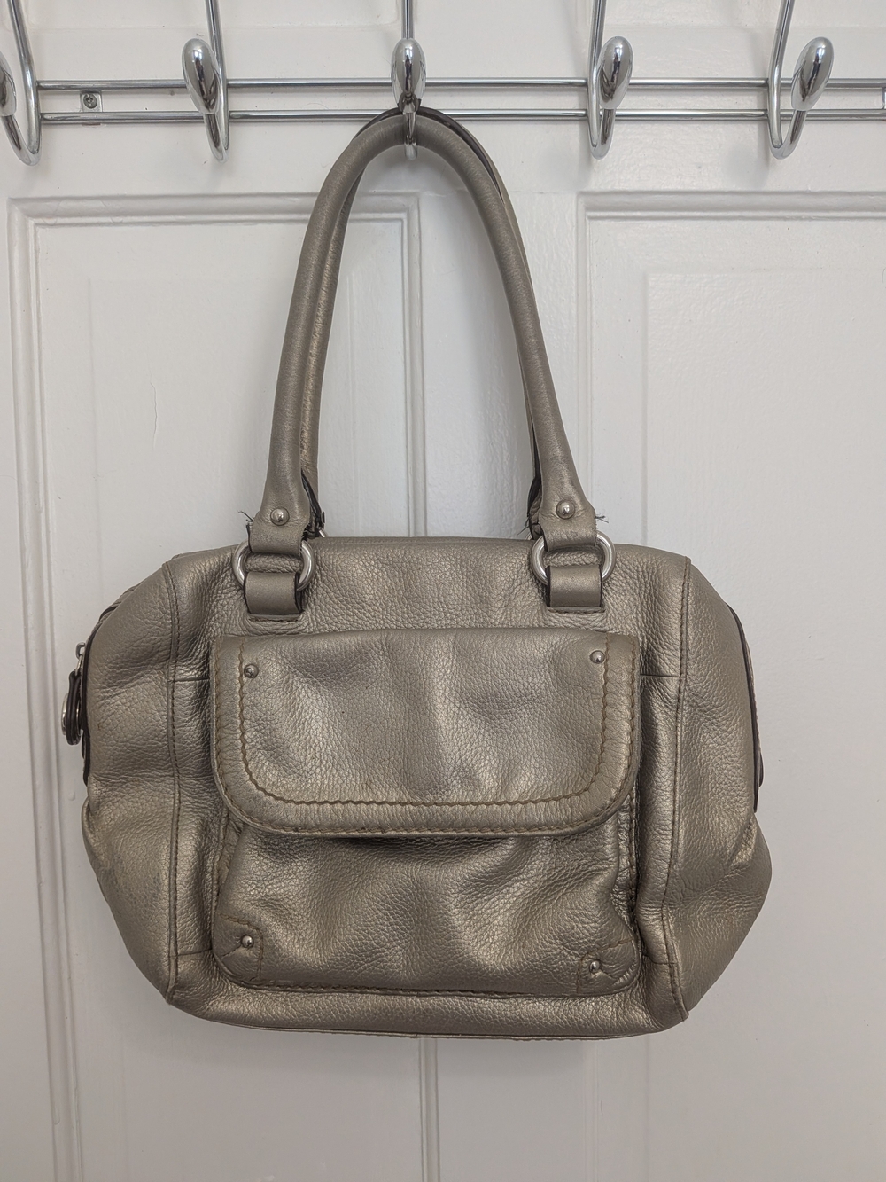 Metallic Taupe Shoulder Bag with Front Flap Pocket
